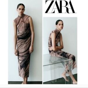 ZARA Blush Pink and Black Marble-Effect Sleeveless Maxi Dress